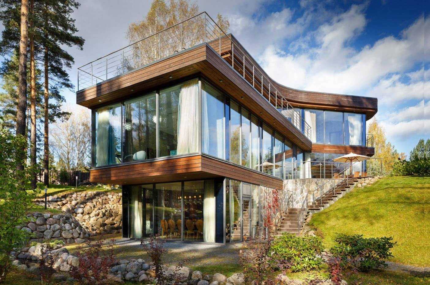 Дом с панорамными окнами: фото идеи дизайна одноэтажных и многоэтажных домов