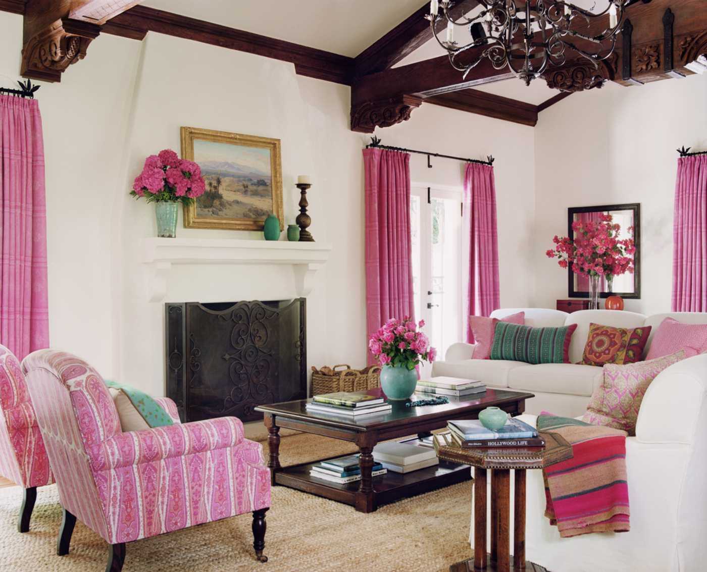 Розовый цвет в интерьере кухни и спальни, сочетание с другими оттенками в гостиной и детской, комбинирование обоев с серым и белым