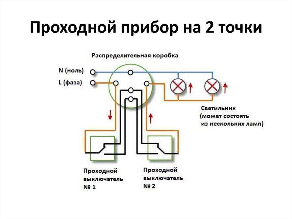 Схема подключения проходного двухклавишного выключателя с двух мест